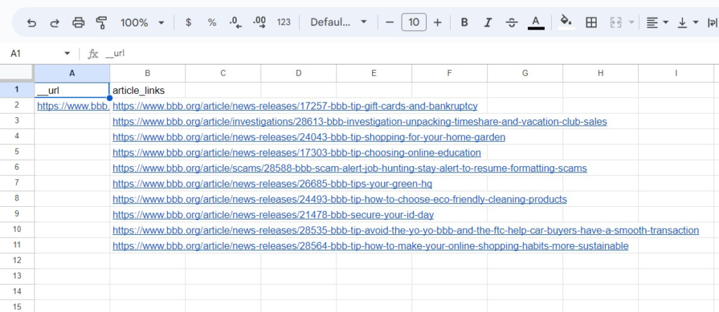 Scraped data in Google sheet